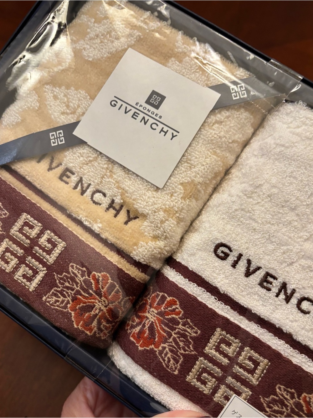 Givenchy Cream & Beige Hand Towels with Burgundy Floral Trim